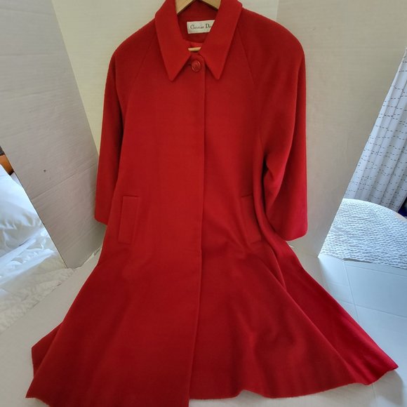 Vintage Christian Dior Red Made in USA Lined Long Coat Buttons Hidden Pockets 12